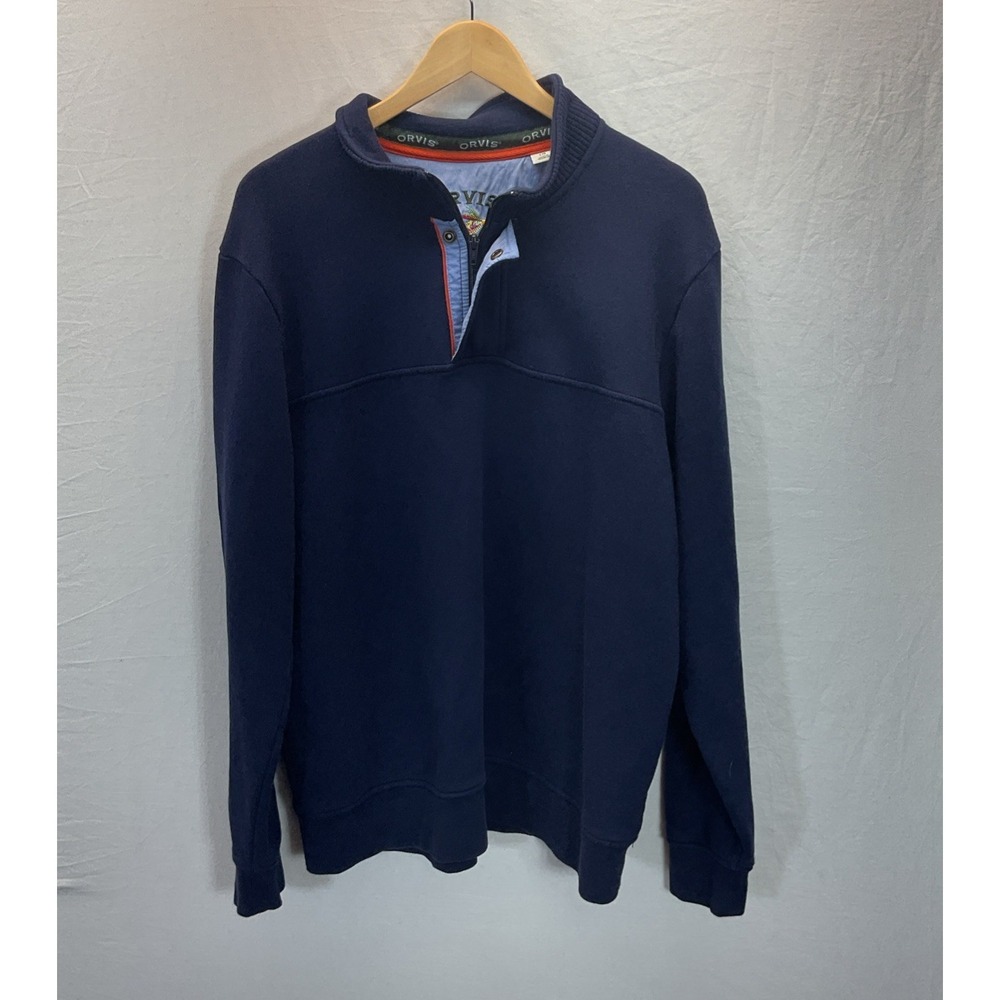 Men's Blue Orvis Zipper/Snap Collar 1/4 Zip Pullover Size XL w/ Fly Embroidery